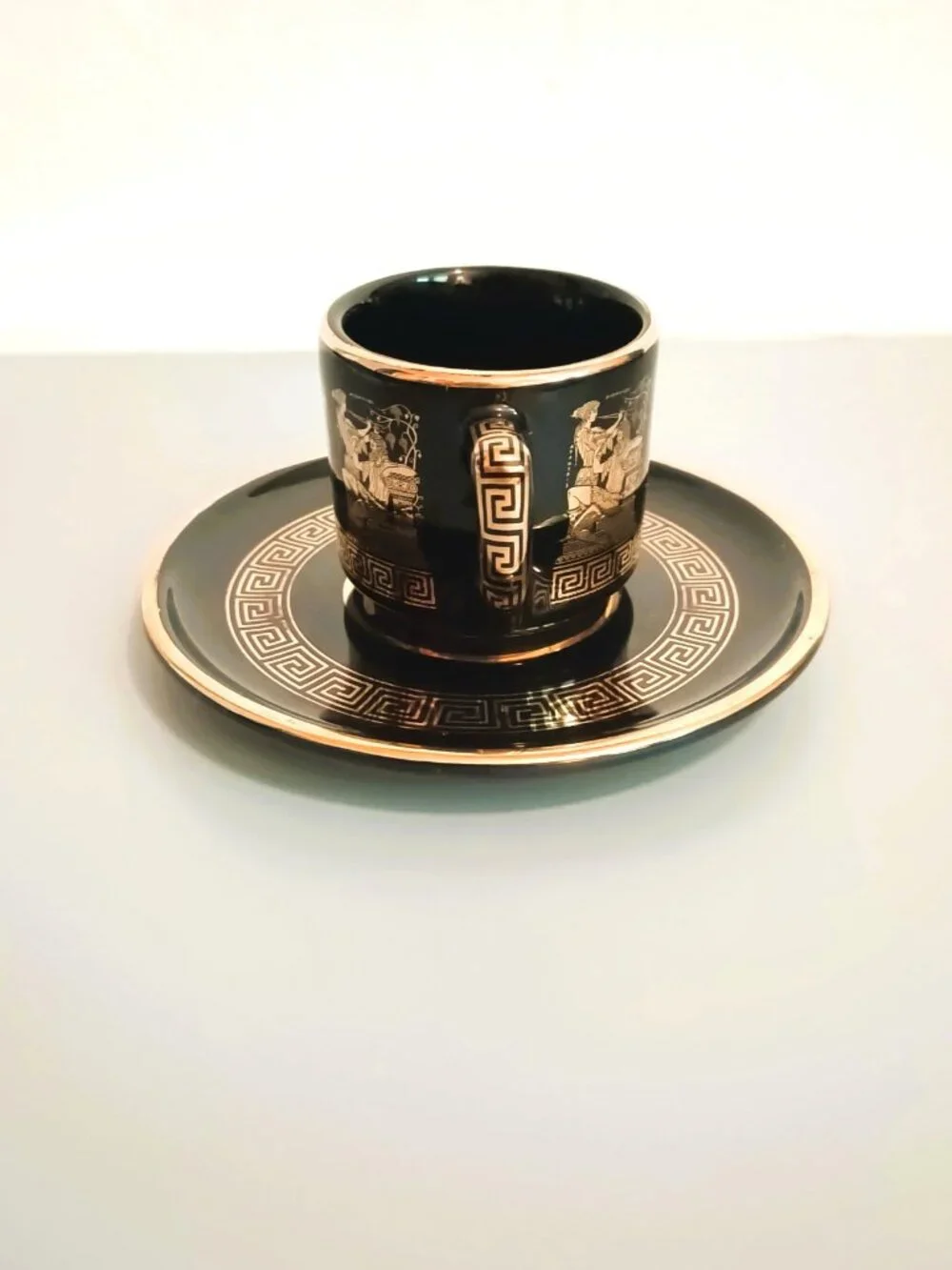 ST Greek Key Demitasse Teacup & Saucer Vintage Hand Made with 24K Gold Trim